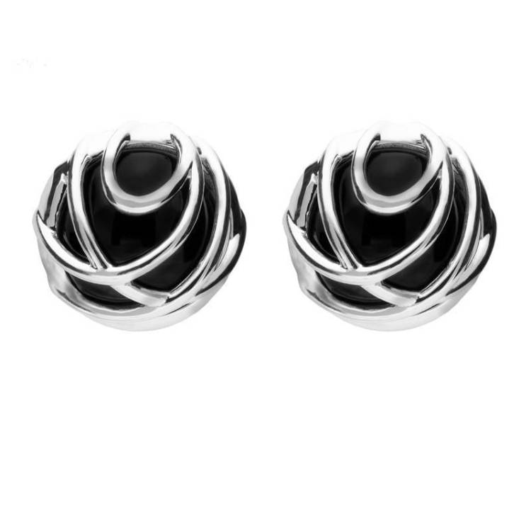 Sterling Silver Whitby Jet Eclipse Squiggle Stud Earrings - Option1 Value Silver