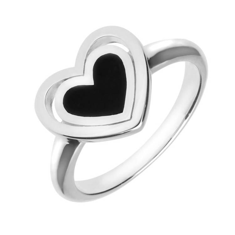 Sterling Silver Whitby Jet Heart In Heart Ring - Option1 Value Silver