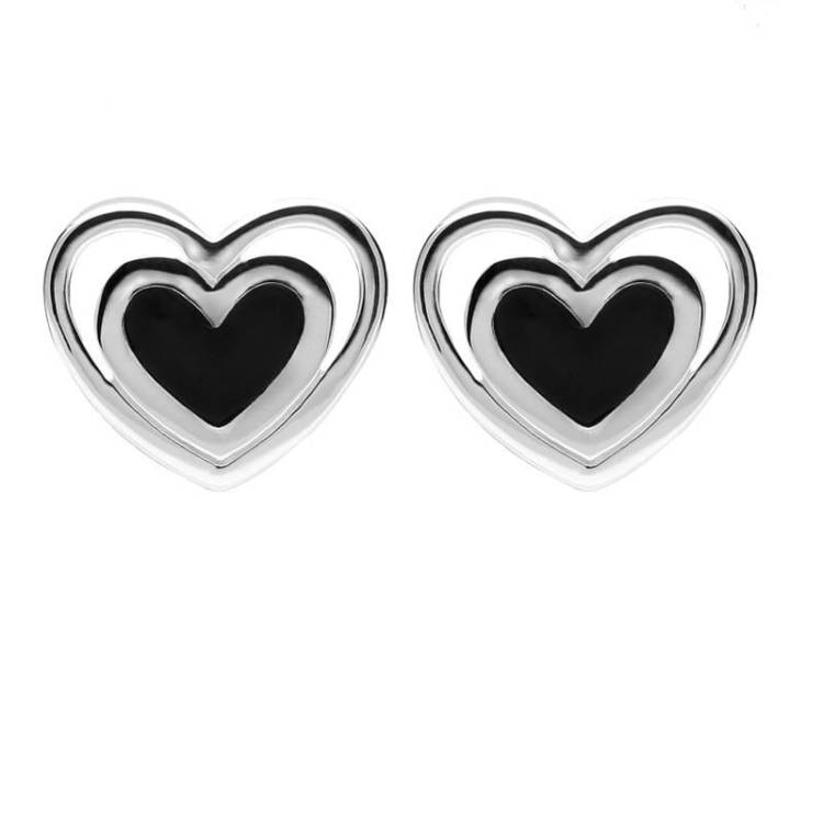 Sterling Silver Whitby Jet Heart In Heart Stud Earrings - Option1 Value Silver