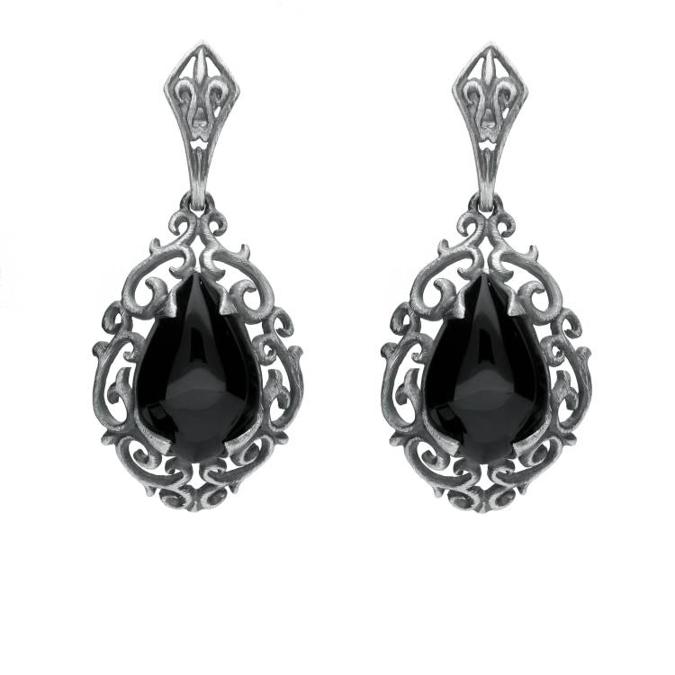 Sterling Silver Whitby Jet Heritage Heavy Carved Pear Earrings - Silver