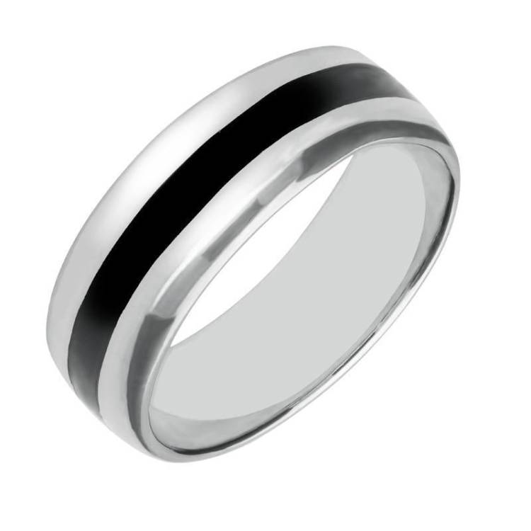 Sterling Silver Whitby Jet Heritage Inlaid Wide Band Ring - Silver