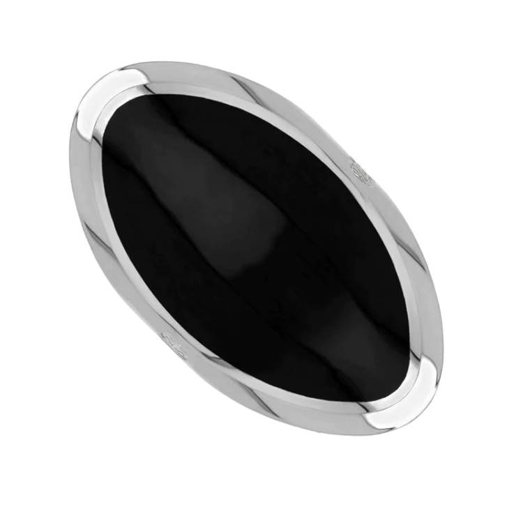 Silver Whitby Jet King's Coronation Hallmark Large Oval Ring D - W
