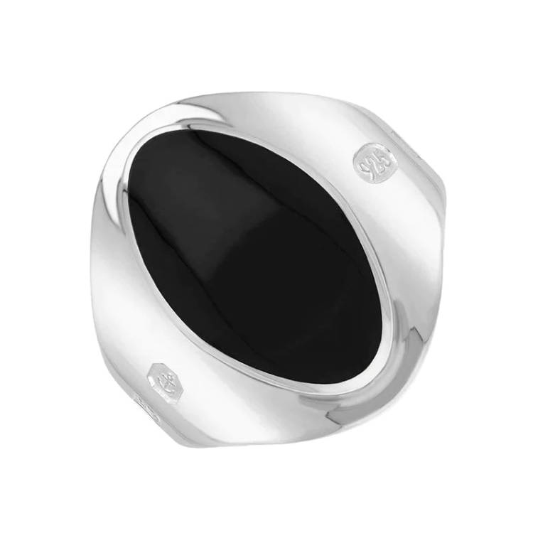 Sterling Silver Whitby Jet King's Coronation Hallmark Small Oval Ring D - P