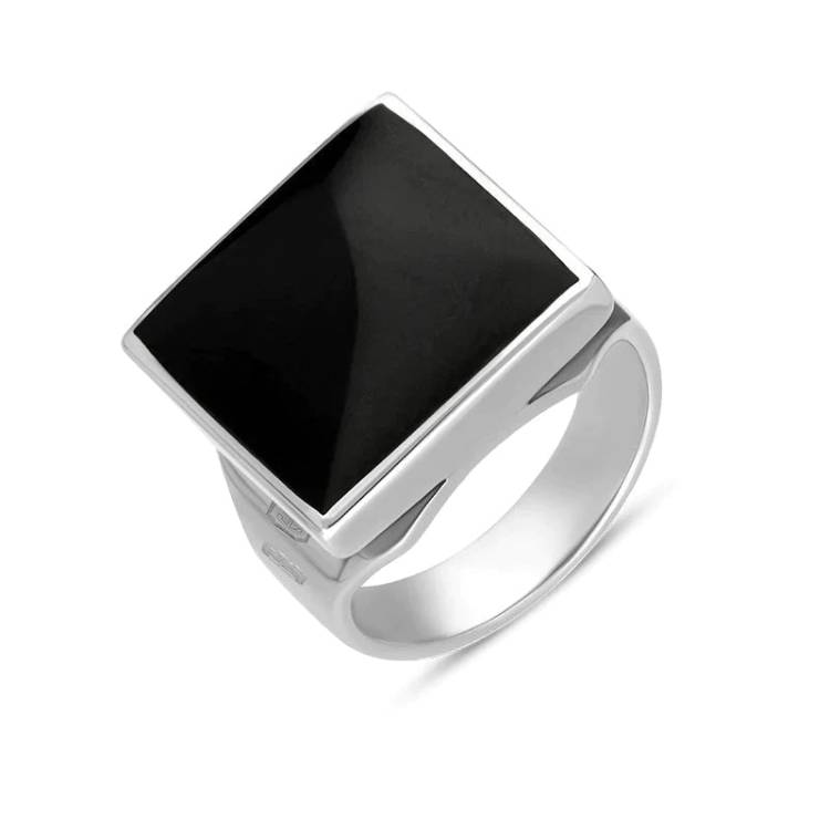 Silver Whitby Jet King's Coronation Hallmark Small Square Ring - M