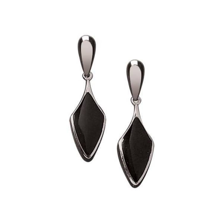 Sterling Silver Whitby Jet Kite Shaped Drop Earrings - Silver