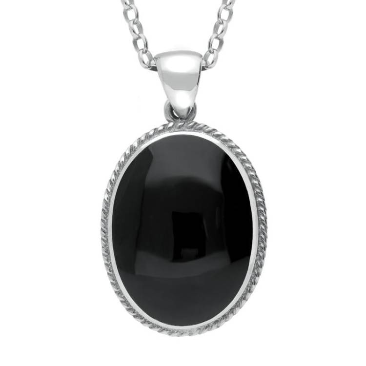Sterling Silver Whitby Jet Heritage Rope Edge Large Oval Pendant