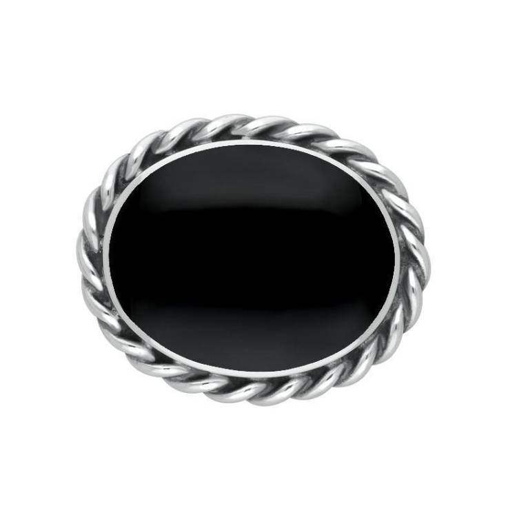 Sterling Silver Whitby Jet Heritage Large Rope Twist Edge Brooch - Silver