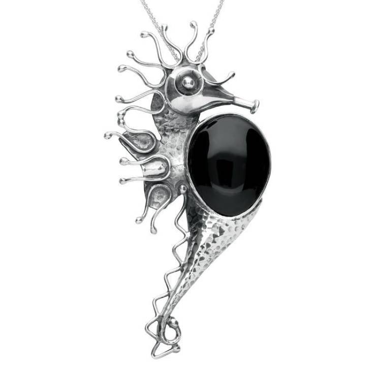 Sterling Silver Whitby Jet Large Seahorse Brooch - Silver