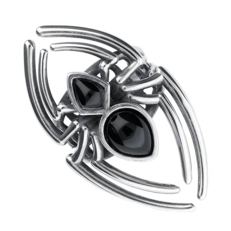 Sterling Silver Whitby Jet Gothic Large Spider Web Shank Ring - Silver