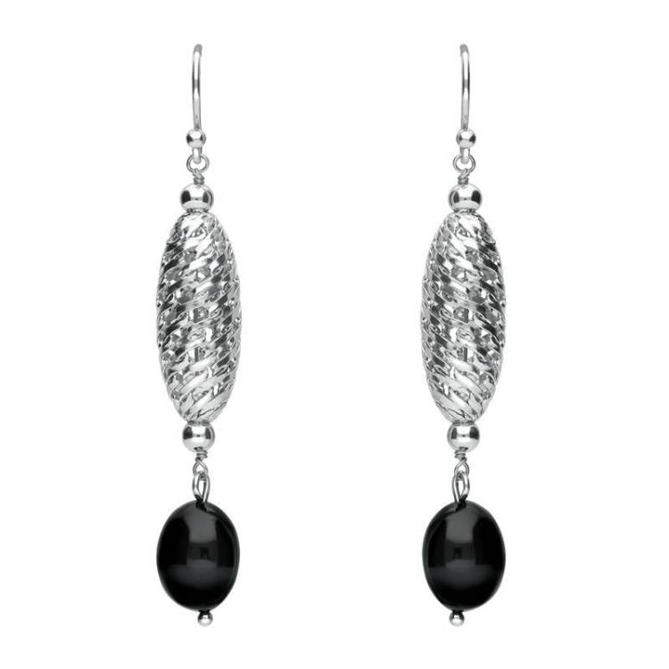 Sterling Silver Whitby Jet Lattice Drop Earrings - Silver