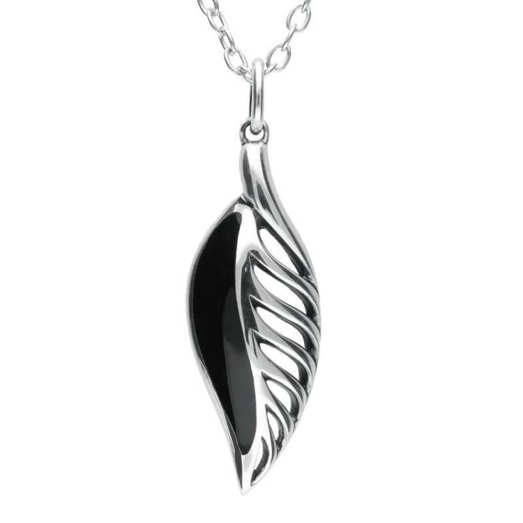 Sterling Silver Whitby Jet Leaf Drop Necklace - Option1 Value Silver