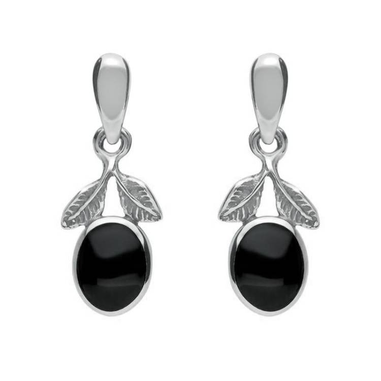 Sterling Silver Whitby Jet Heritage Leaf Drop Earrings - Silver