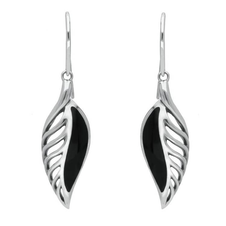 Sterling Silver Whitby Jet Eclipse Leaf Hook Drop Earrings - Silver