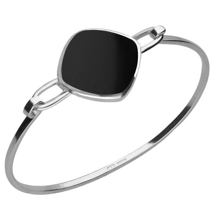 Sterling Silver Whitby Jet Slim Cushion Bangle - Option1 Value Silver