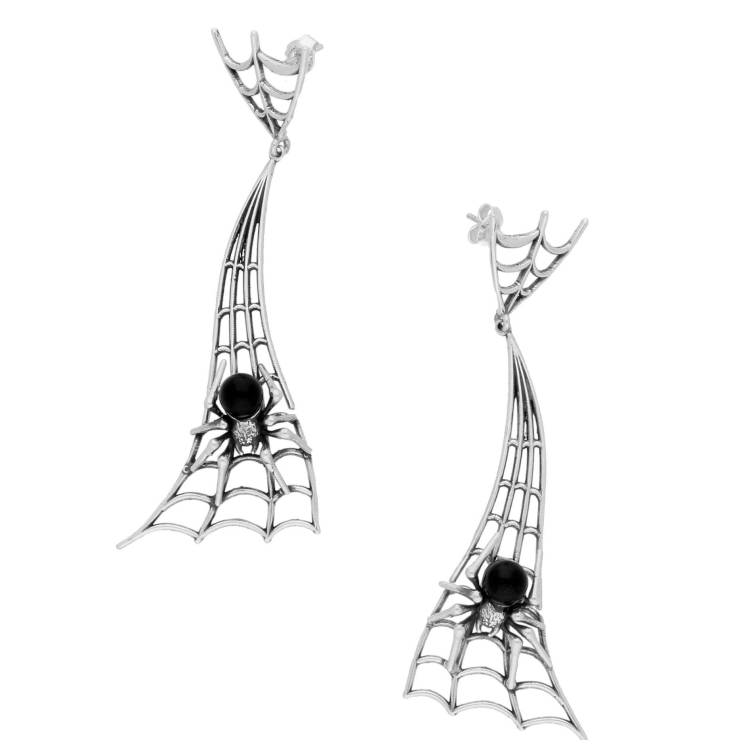 Sterling Silver Whitby Jet Gothic Articulated Spider Web Drop Earrings - Silver