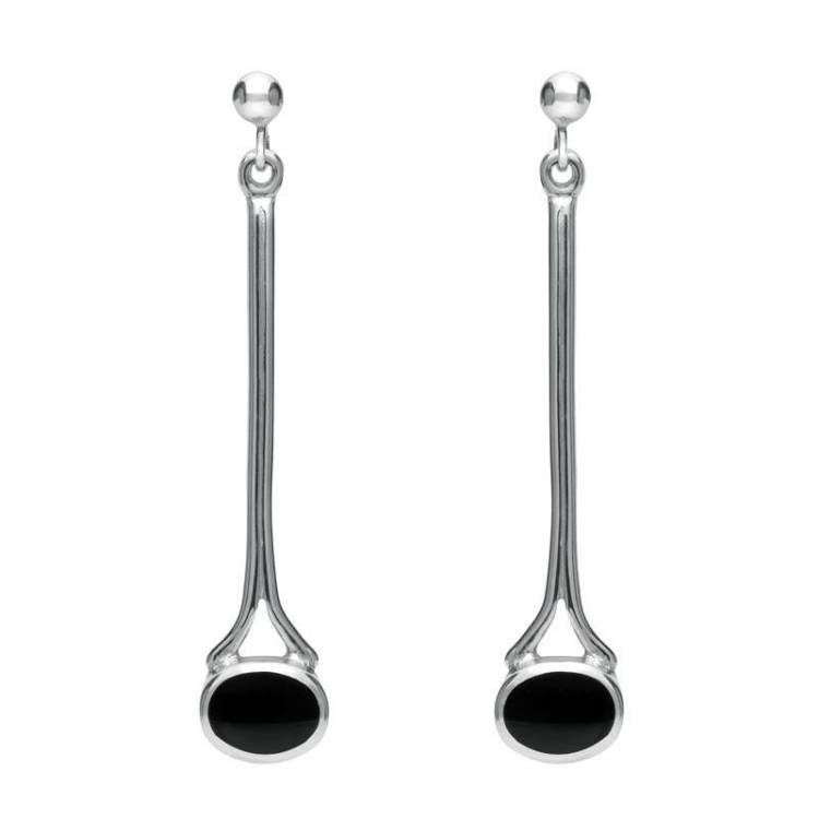 Sterling Silver Whitby Jet Long Drop Earrings - Silver