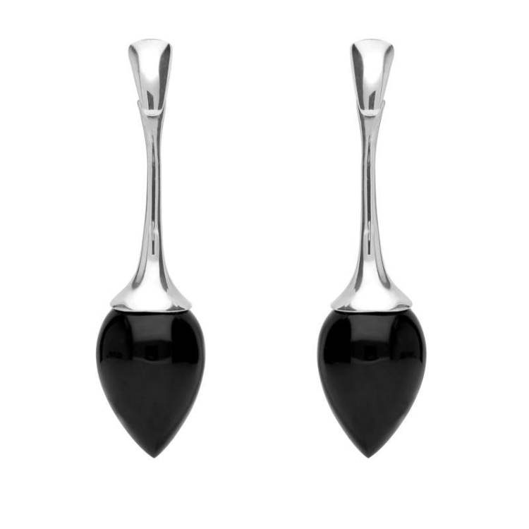 Sterling Silver Whitby Jet Heritage Long Flute Pear Drop Earrings - Silver