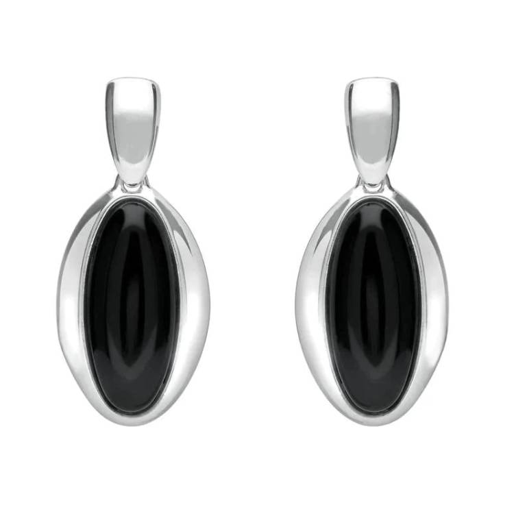 Sterling Silver Whitby Jet Heritage Long Oval Drop Earrings - Silver