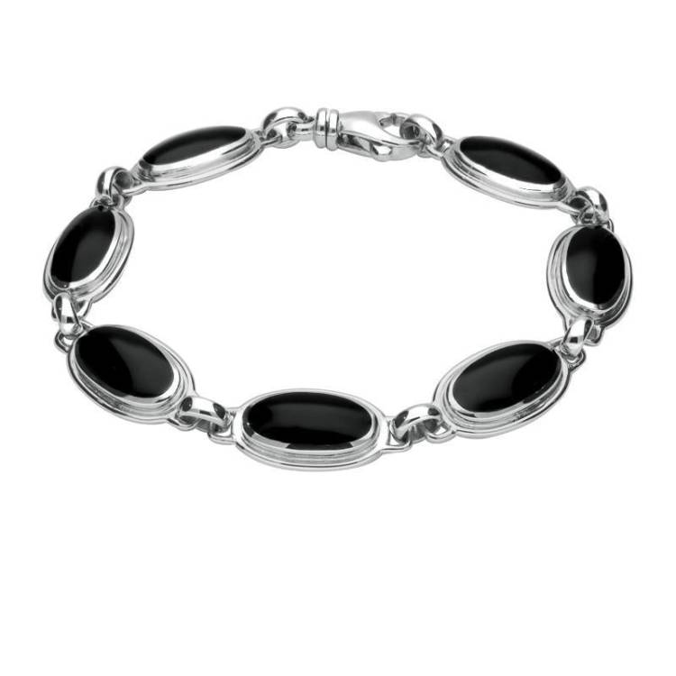 Sterling Silver Whitby Jet Heritage Long Oval Ribbed Bracelet - Silver