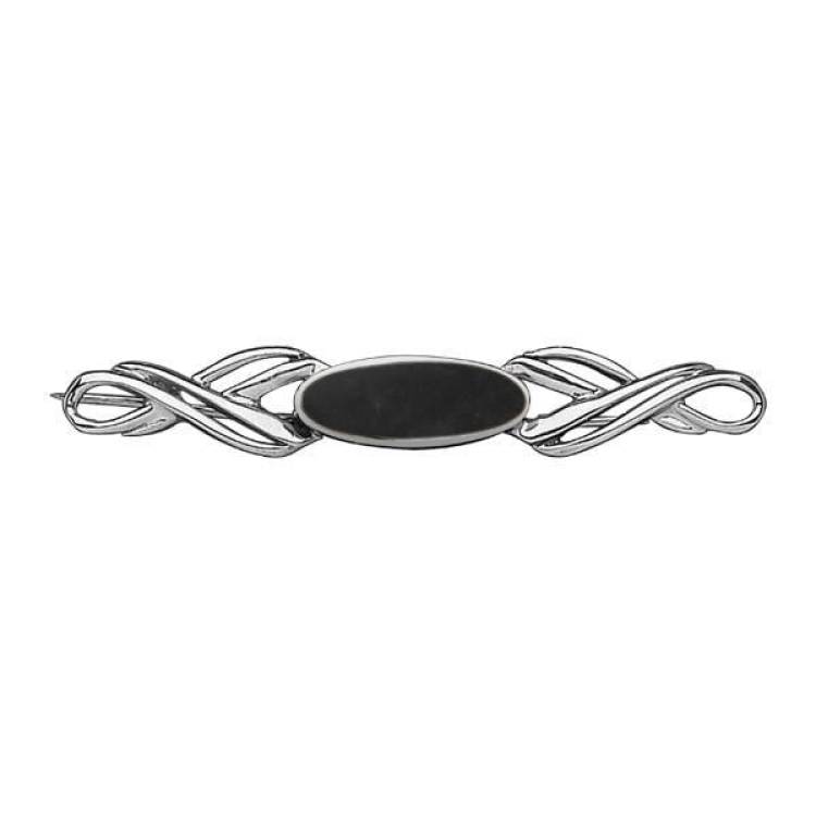 Sterling Silver Whitby Jet Heritage Long Oval Twisted Bar Brooch - Silver