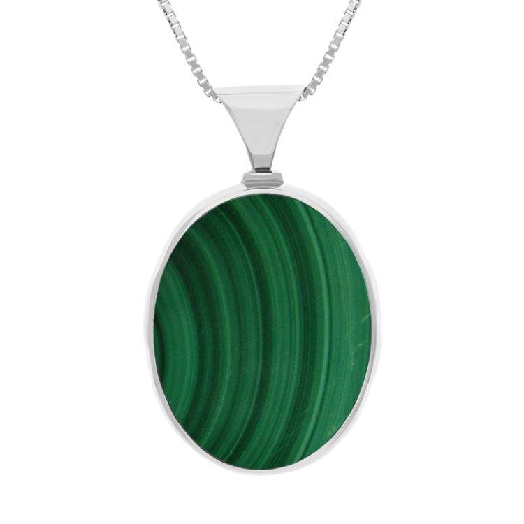 Sterling Silver Whitby Jet Malachite King's Coronation Hallmark Double Sided Oval Necklace