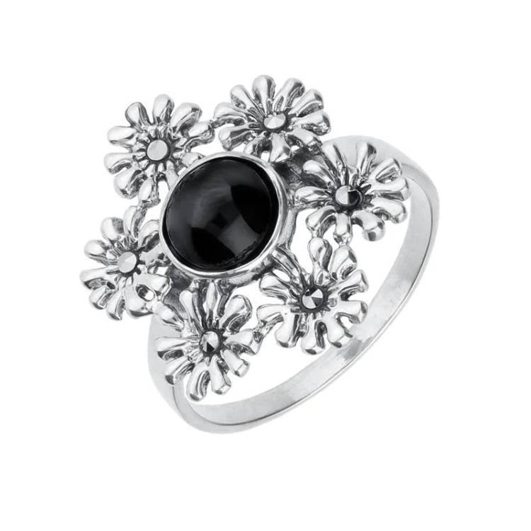Sterling Silver Whitby Jet Marcasite Vintage 6 Flower Petal Ring - Silver