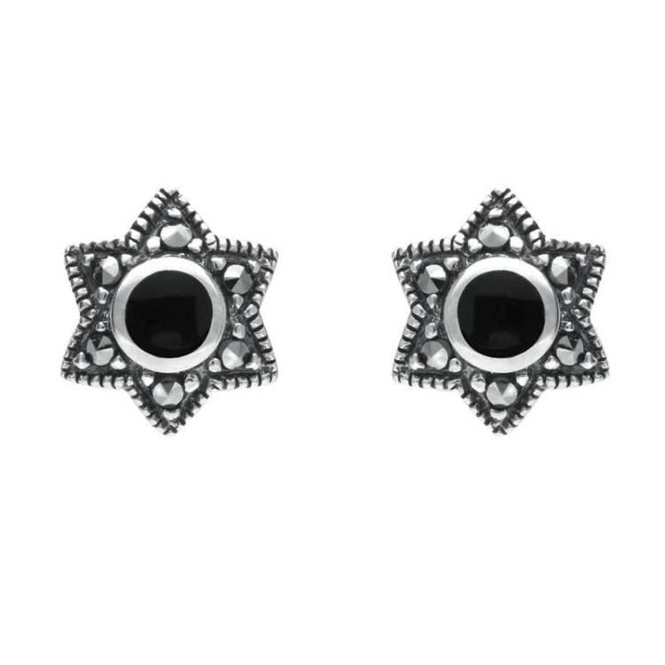Sterling Silver Whitby Jet Marcasite Six Point Star Stud Earrings - Silver