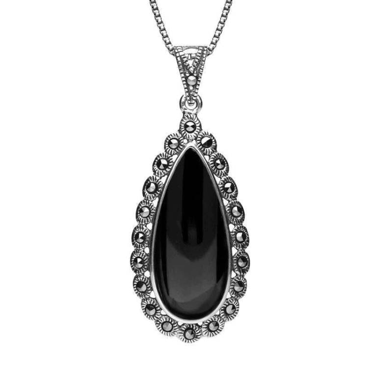 Sterling Silver Whitby Jet Marcasite Scalloped Edge Pear Necklace - Silver