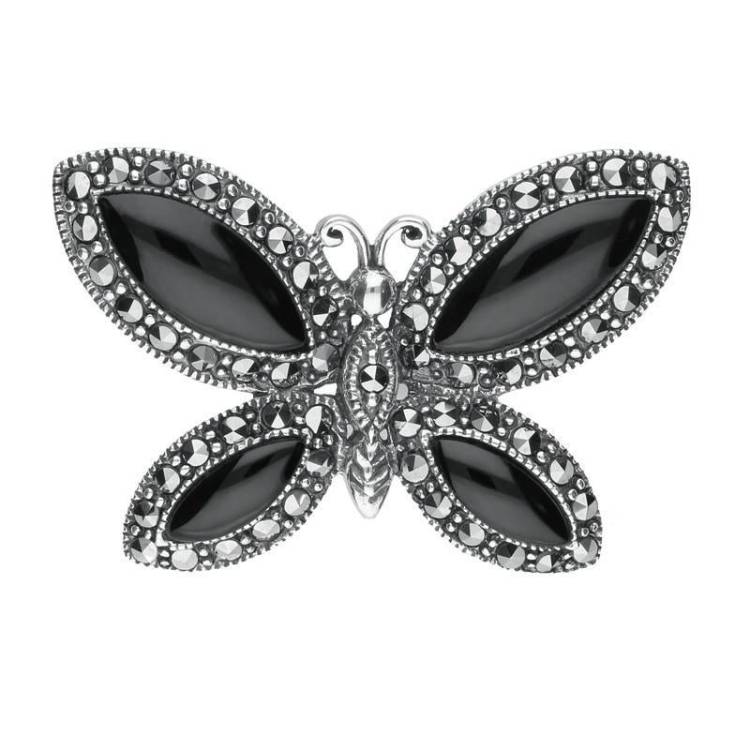 Sterling Silver Whitby Jet Marcasite Vintage Butterfly Brooch - Silver