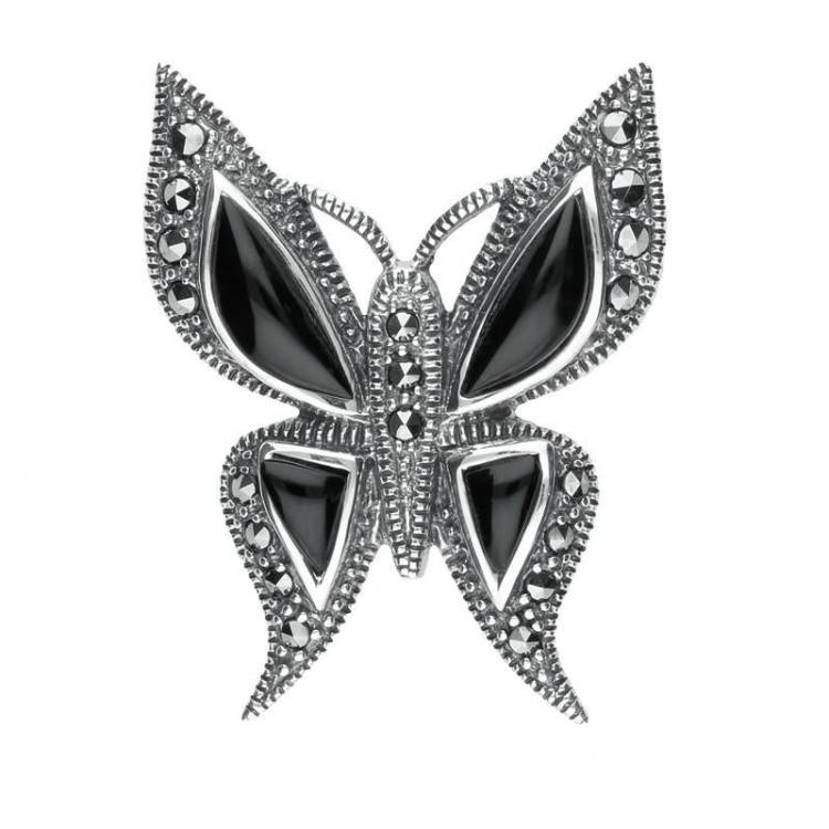 Sterling Silver Whitby Jet Marcasite Butterfly Brooch - Silver