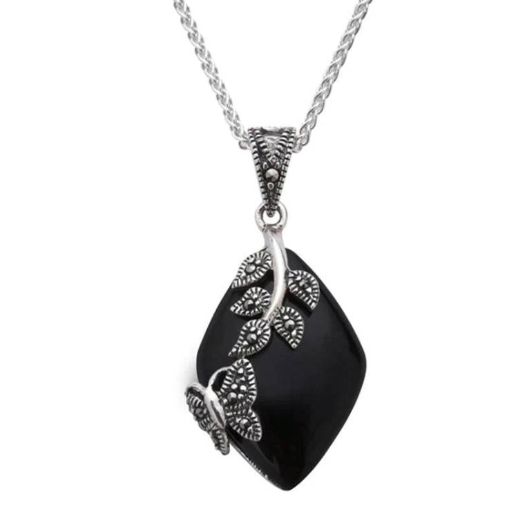 Sterling Silver Whitby Jet Marcasite Butterfly Leaf Necklace - Silver