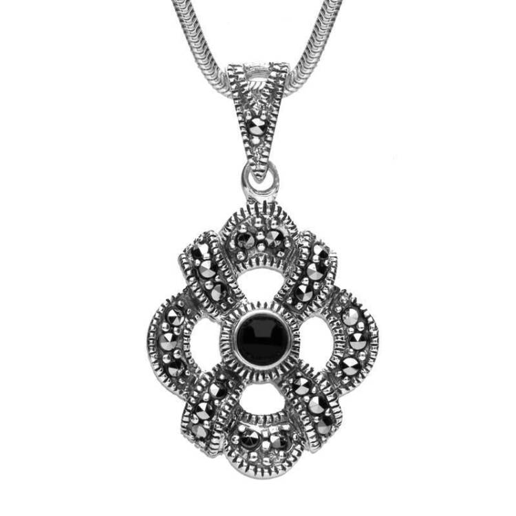 Sterling Silver Whitby Jet Marcasite Celtic Crossover Necklace - Silver