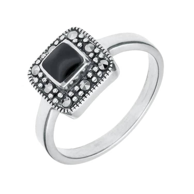 Sterling Silver Whitby Jet Marcasite Cushion Shape Beaded Edge Ring - Silver