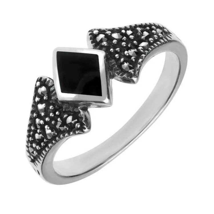 Sterling Silver Whitby Jet Marcasite Diamond Shaped Ring - Silver