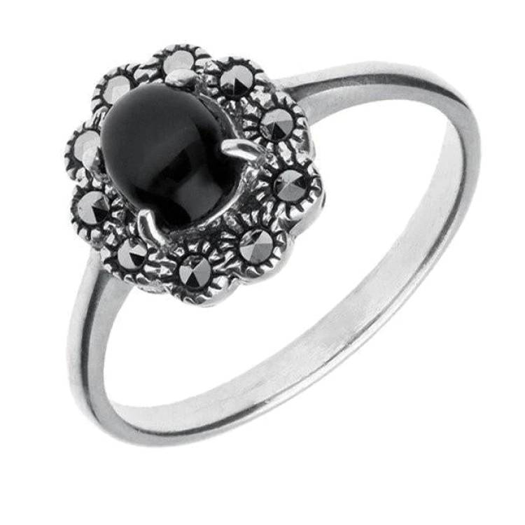 Sterling Silver Whitby Jet Marcasite Domed Oval Beaded Edge Ring - Silver