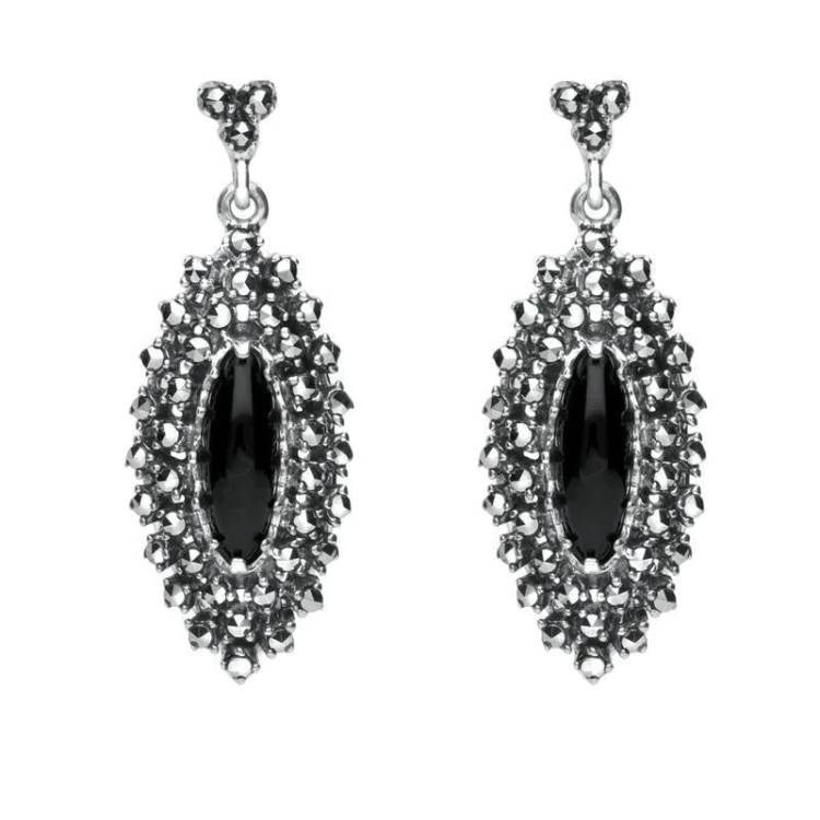Sterling Silver Whitby Jet Marcasite Double Row Drop Earrings - Silver