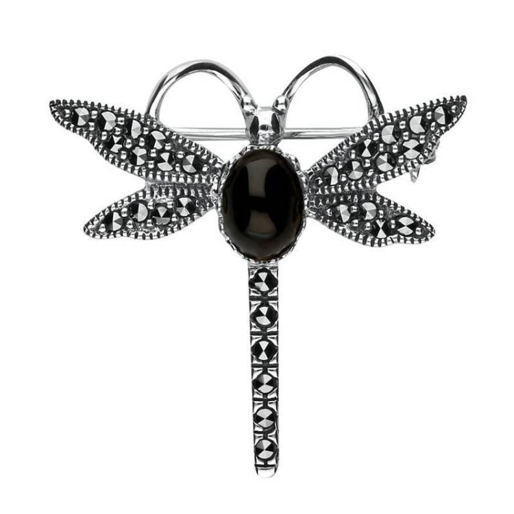 Sterling Silver Whitby Jet Marcasite Dragonfly Brooch - Silver