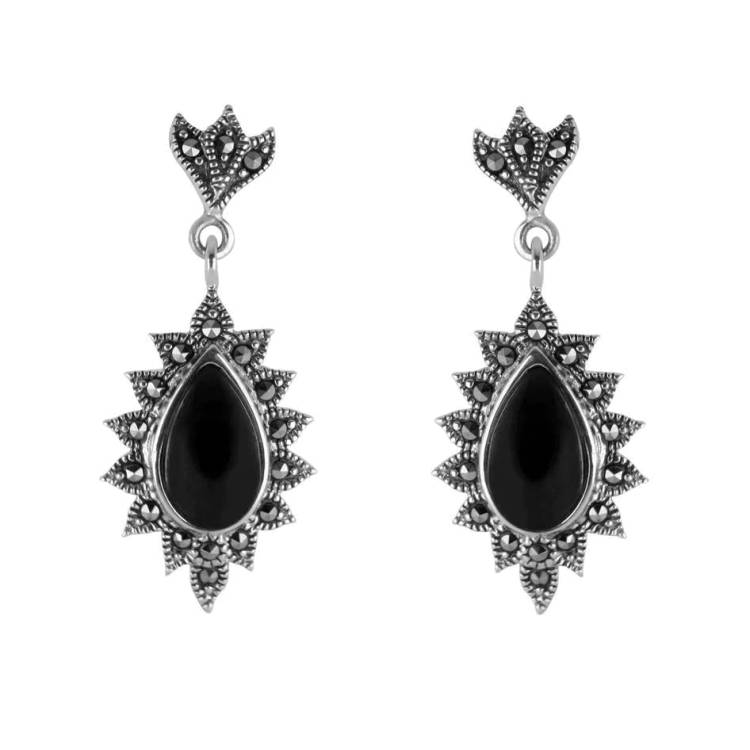 Sterling Silver Whitby Jet Marcasite Vintage Drop Tear Earrings - Silver
