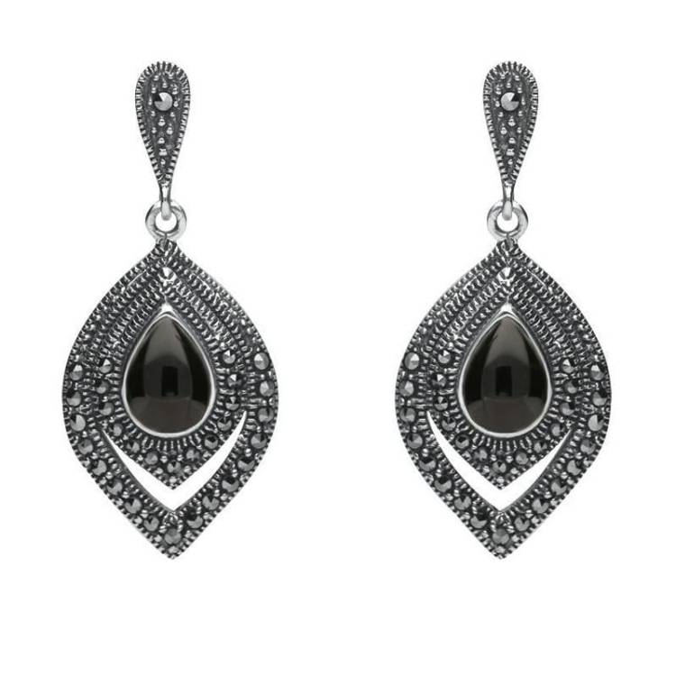Sterling Silver Whitby Jet Marcasite Fancy Pear Stud Earrings - Silver