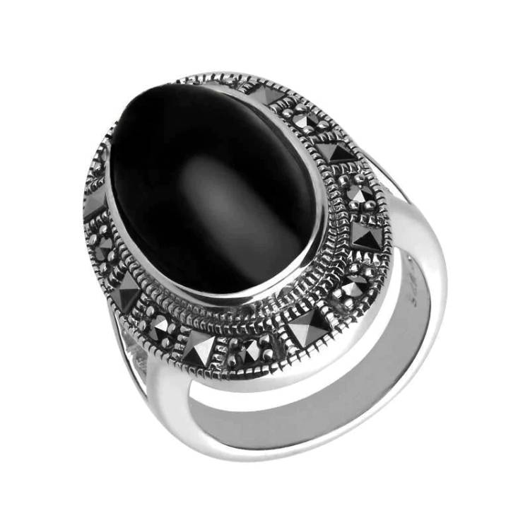 Sterling Silver Whitby Jet Marcasite Frame Large Oval Ring - Silver