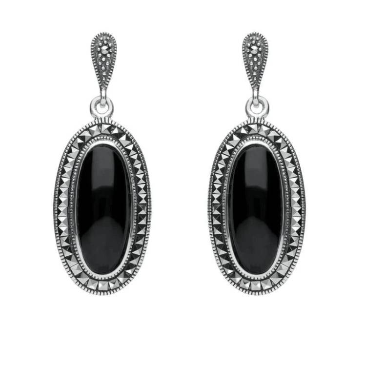 Sterling Silver Whitby Jet Marcasite Framed Drop Earrings - Silver