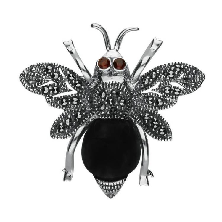 Sterling Silver Whitby Jet Marcasite Garnet Bee Brooch - Silver