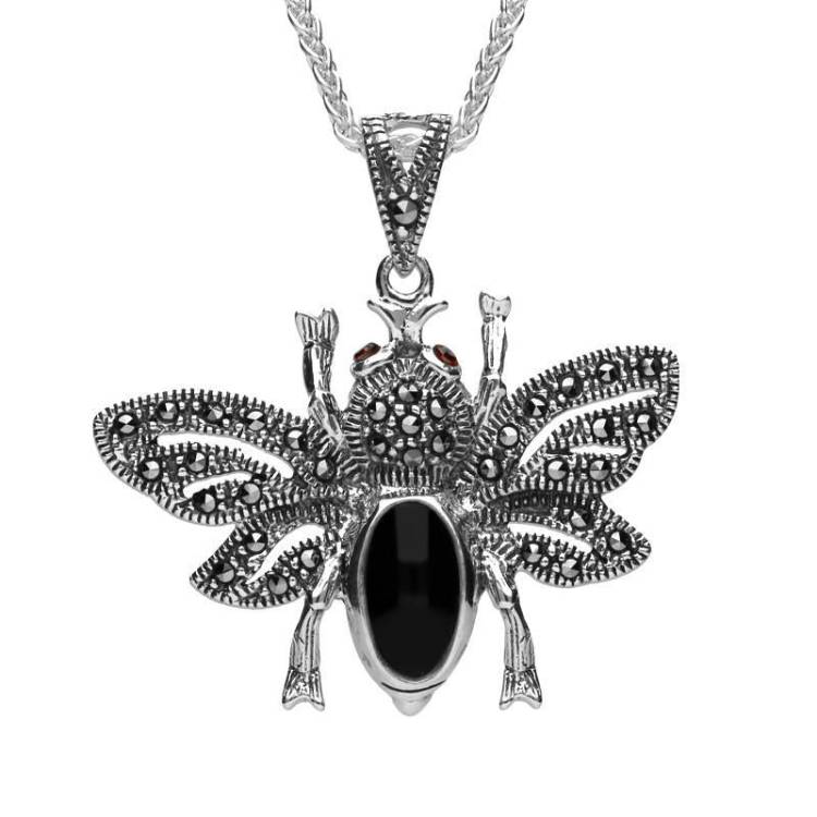 Sterling Silver Whitby Jet Marcasite Garnet Bee Pendant Necklace - Silver