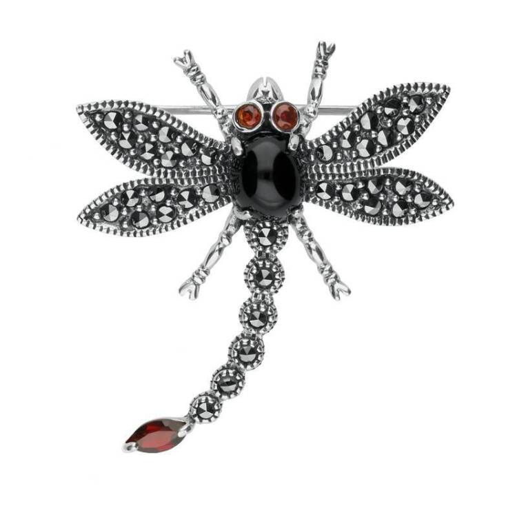 Sterling Silver Whitby Jet Marcasite Garnet Dragonfly Brooch - Silver