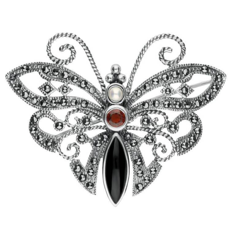Sterling Silver Whitby Jet Marcasite Garnet Pearl Butterfly Brooch - Silver