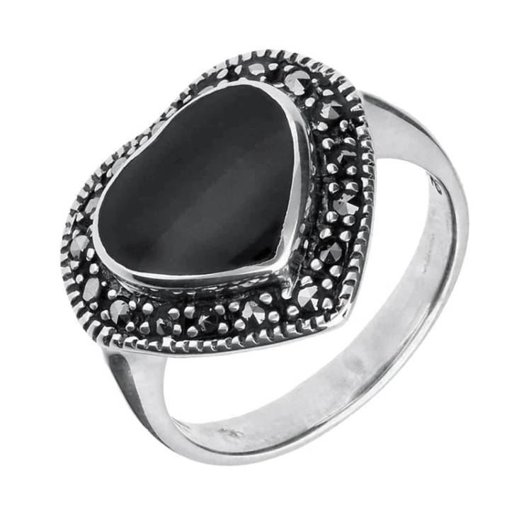 Sterling Silver Whitby Jet Marcasite Heart Shaped Ring - Silver