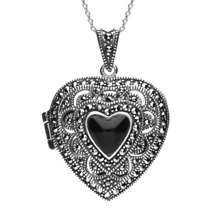 Sterling Silver Whitby Jet Marcasite Large Heart Locket Necklace - Silver