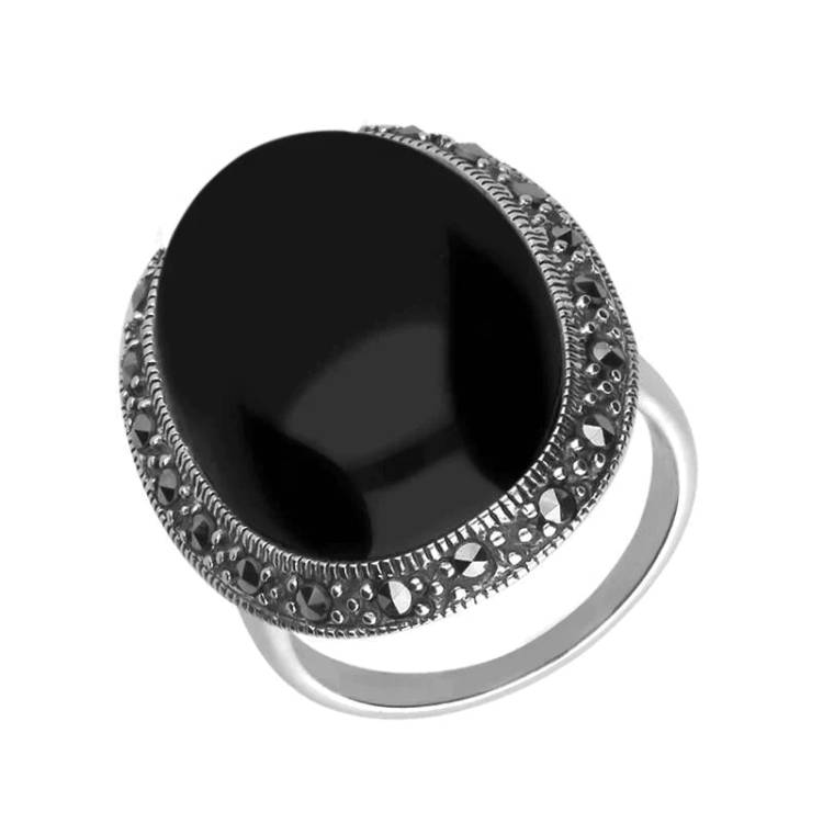 Sterling Silver Whitby Jet Marcasite Large Oval Ring - Option1 Value Silver