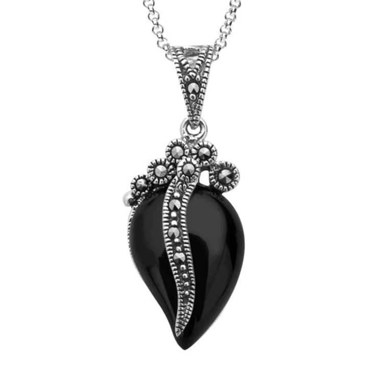 Sterling Silver Whitby Jet Marcasite Wave Bail Pear Necklace - Silver