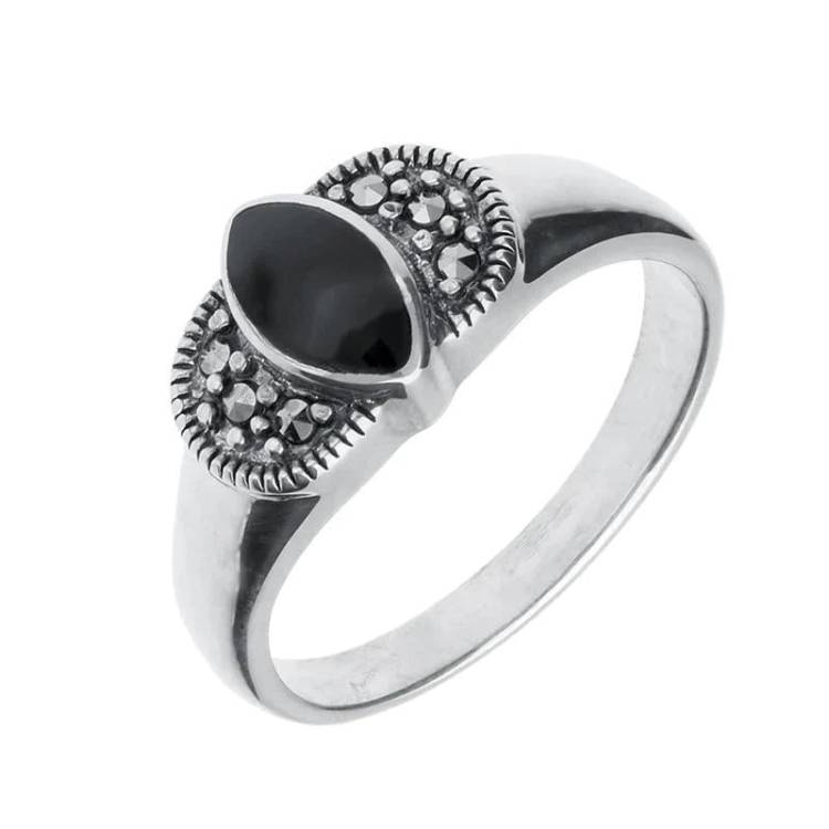 Sterling Silver Whitby Jet Marcasite Marquise Ring - Silver